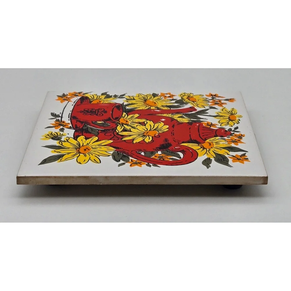 Vintage 1970's Trivet‎ Tile Red Coffee Teapot Floral Wall Hanging Kitchen KK